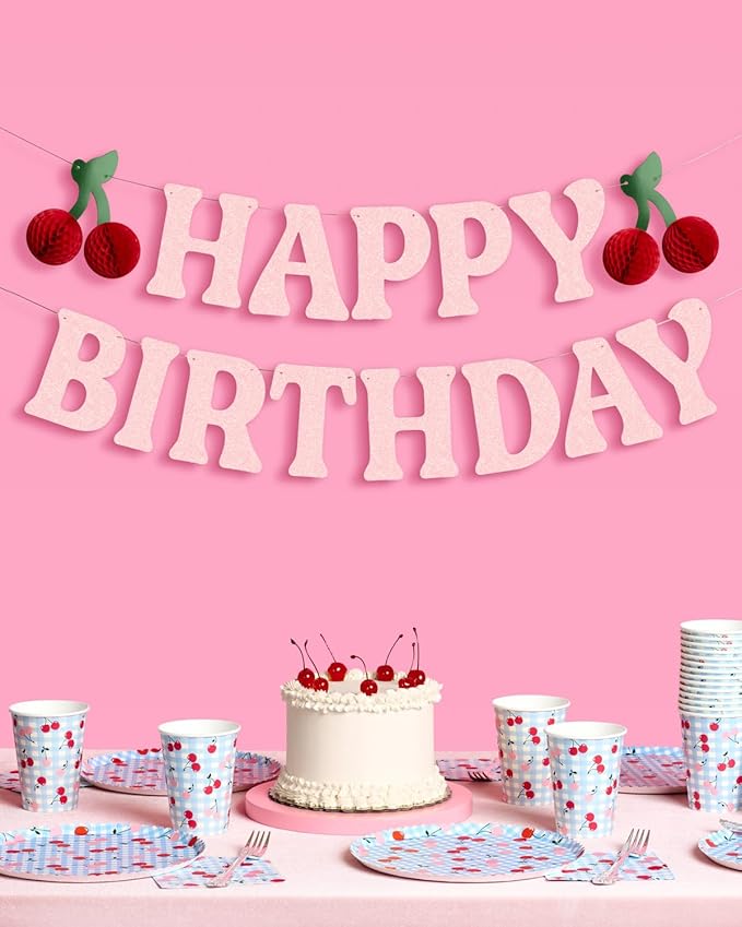 xo, Fetti Happy Birthday Cherry Banner - Pink Glitter, 6.5 Ft. | 3D Cherry Garland, Bday Decoration, Accordion Party Sign, Pop Up Photoshoot Backdrop