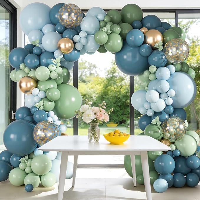 Ouddy Party 149Pcs Dusty Blue Green Pastel Blue Gold Balloon Garland Kit Different Sizes 18 12 10 5Inch, 6Pcs 18”Metallic Gold Confetti Balloons for Baby Shower Wedding Birthday Boho Party Decorations