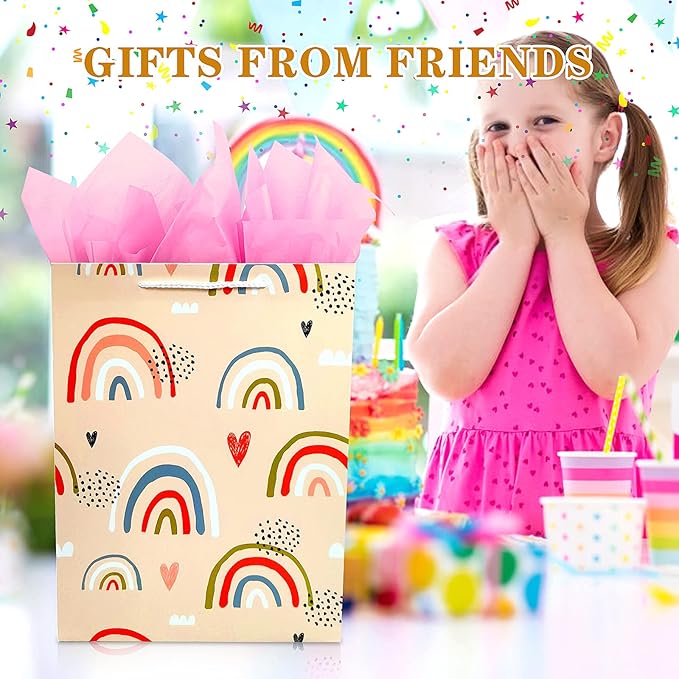 Gift Bag for Girls, Birthday Large Gift Bag Bulk Set Included 2 Pack Paper Gift Bags with Tissue Paper, Rainbow Gift Bags for Kids, Baby, The Colorful Pink Red Gift Bags with Handles, The Pretty Present Bag Gift Bags for Birthday, Party, Baby Shower (1...