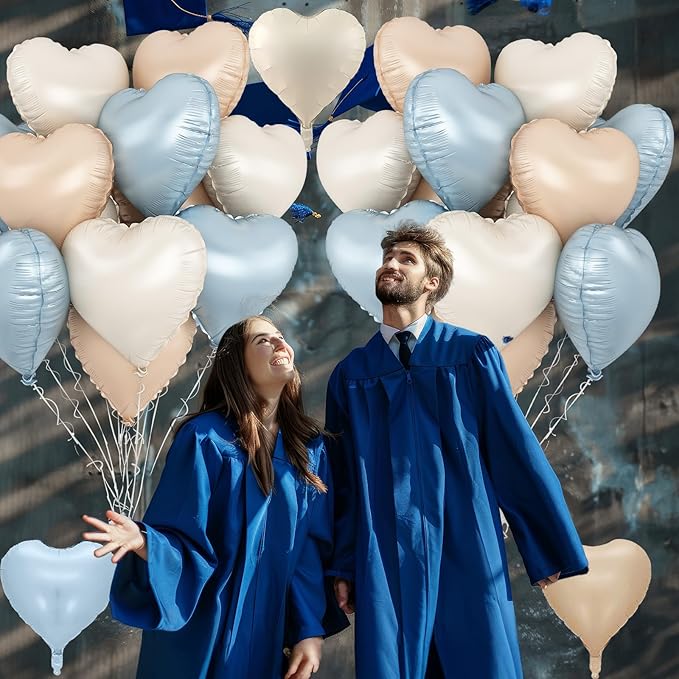 Blue Cream Heart Foil Balloons, 12Pcs Baby Blue Beige Nude Heart Shape Mylar Balloon, 18Inch Macaron Apricot and White Helium Balloons for Boho Birthdays Baby Shower Wedding Valentines Party Decor