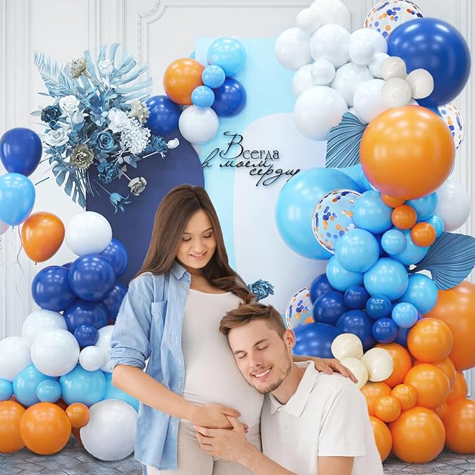 BAUANOOY Blue and Orange Balloons, 60pcs 12 Inch Orange Blue White Nude Latex Balloon with Confetti Balloons Ribbon for Baby Shower Graduation Blue Birthday Party Decorations