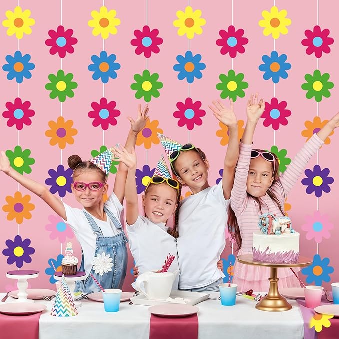 Pasimy 8 Pcs Daisy Boho Party Decorations Groovy Daisy Paper Garlands White Flower Hanging Garland Banner Hippie Flower Cutouts for Birthday Shower Wedding Party Favor Supplies(Tie Dye,Colorful)