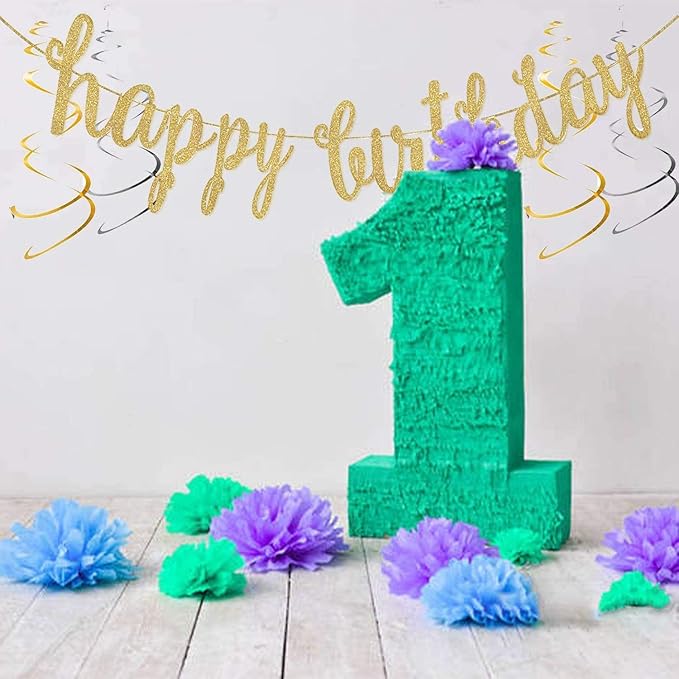 Gold Happy Birthday Banner Decoration Kit, Golden Glittery Birthday Banner Circle Dots Garland with Gold Silver Hanging Swirls for BDAY Baby Shower Party Decorations Supplies, Pre-Strung