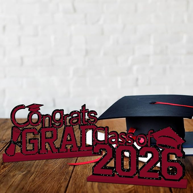 4Pcs Maroon and Black Graduation Decorations Class of 2026 Congrats Grad Wooden Table Centerpieces Grad Table Toppers Congratulate Tiered Tray Decor for 2026 Graduation Decorations