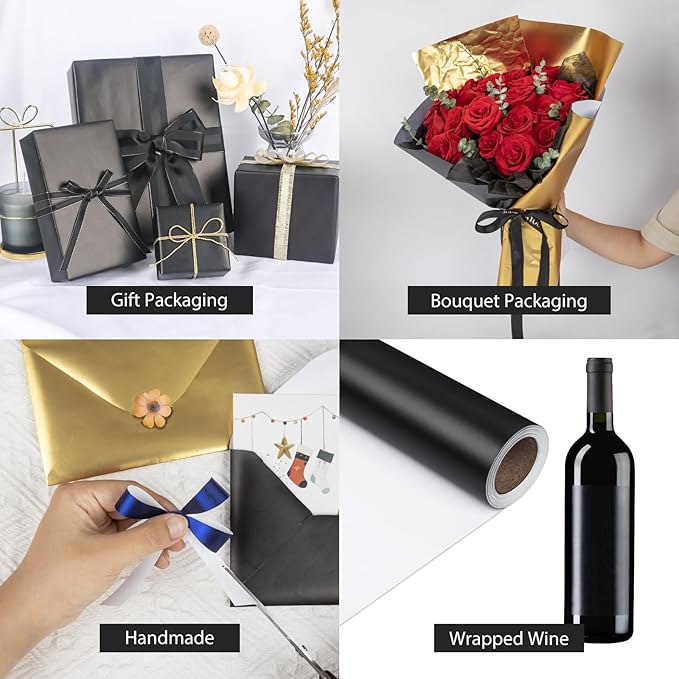 NESCCI Matte Metal Black Wrapping Paper, Solid Color Paper,Gift Wrapping Paper,Perfect for Wedding,Valentine's Day,Birthday, Christmas,Baby Shower,DIY Bouquet (17 Inches X 32.8 Feet)