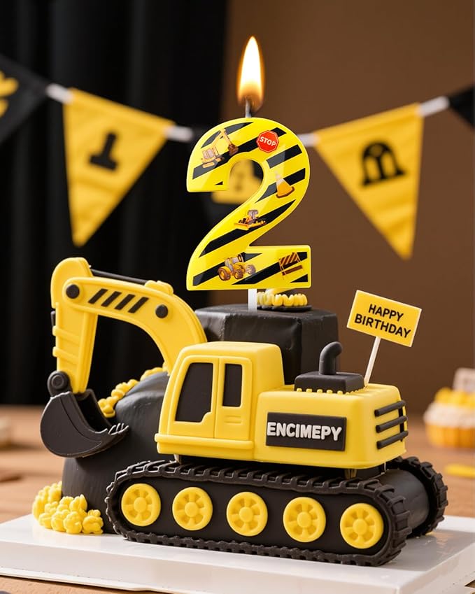Number 2 Construction Birthday Candle, 2.68 Inch Yellow and Black Striped Candle, Birthday Candles Numbers Construction Cake Topper for Boys Girls, Construction Birthday Party Supplies Decorations