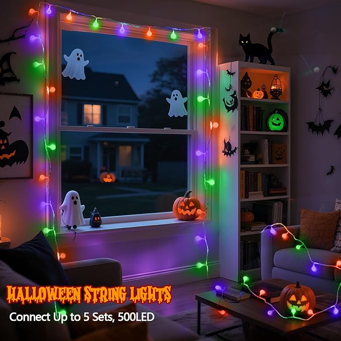 Connectable Orange Purple and Green Halloween Lights Outdoor Indoor - 43FT 100LED Globe String Lights Plug in with Timer, 13 Modes Fairy Light Waterproof for Party Halloween Decorations Bedroom Decor