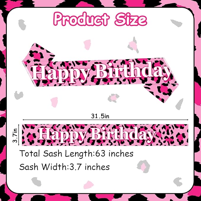 Leopard Cheetah Happy Birthday Sash Girls Pink Leopard Birthday Party Favor Safari Jungle Wild Bday Party Decorations Safari Animal Print Supplies