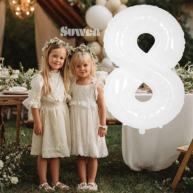 SUWEN 40 Inch White Large 8 Balloon Number Big Foil Helium Number Balloons 0-9 Giant Jumbo Happy 8th Birthday Party Decorations for Boy or Girl Huge Mylar Anniversary Party Supplies