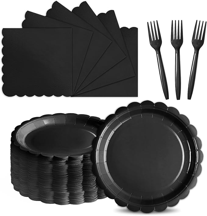 105PCS Paper Plates and Napkins Set, 7 Inch Scalloped Disposable Tableware with Forks for Birthdays, Garden Parties & Outdoor Events, Serves 35 (Black)
