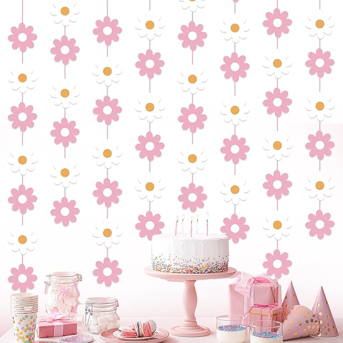 Pasimy 8 Pcs Daisy Boho Party Decorations Groovy Daisy Paper Garlands White Flower Hanging Garland Banner Hippie Flower Cutouts for Birthday Shower Wedding Party Favor Supplies(Fashion,Pink)