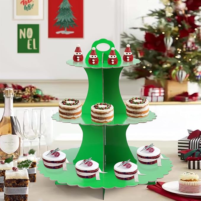 Soleebee 3-Tier Cupcake Stand, Cardboard Cupcake Tower, Dessert Cup Cake Stand Tower for Birthday Wedding Party Decoration, Cupcake Tier Stand 1 Set (Green)