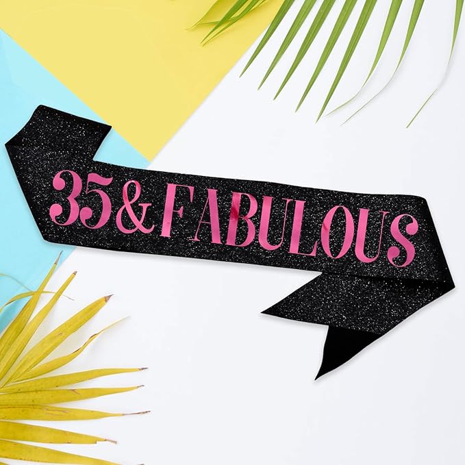 35 & Fabulous Sash, Funny 35th Birthday Sash for Women 35th Bday Party Photo Prop Favors Suppiles, Pink Foil Letter, Glitter Black