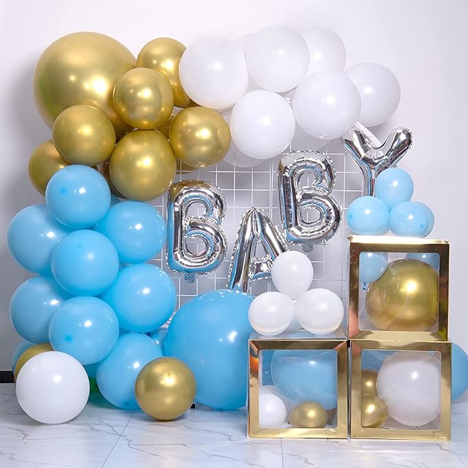 Blue Gold White Latex Balloons, 50 Pack 12 Inches light Blue Balloons Helium Balloons for Boys Baby Shower Birthday Bridal Shower Wedding Party Decorations Supplies