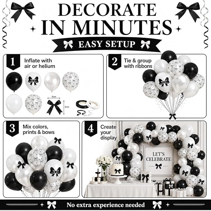 Bow Balloons, 60Pcs Black Bows Balloon, 12 Inch Latex Black and White Bow Printed Balloons with Cute Bows Ribbons for Women Girls Birthday Party Baby Shower Bridal Shower Bow Theme Party Decorations