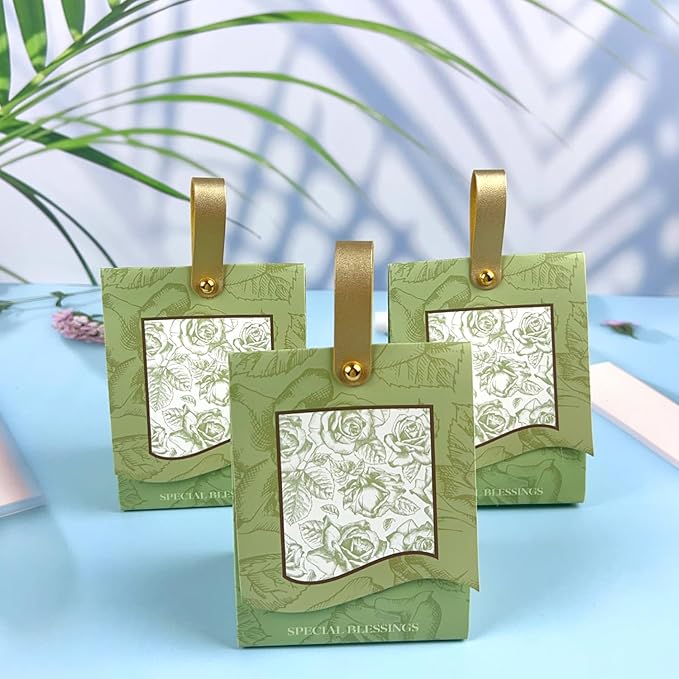 20PCS Rose Goodie Bags, Mini Gift Bags with PU Handle for Party Favors Treat Boxes Wedding Bridal Baby Shower Birthday Party Presents 3.9"x2.6"x1.4"(Light Green)