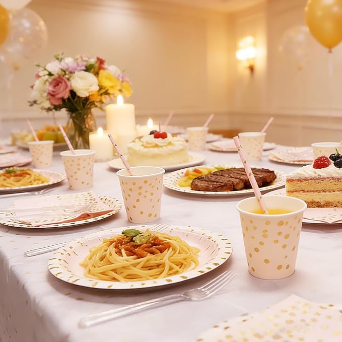 Party Supplies 402pcs Pink & Gold Plates and Napkins Sets - Disposable Dinnerware Sets for 50 Guests with Paper Plates Cups Straws Plastic Cutlery 2 Tablecloths - Bridal Shower Birthday Wedding