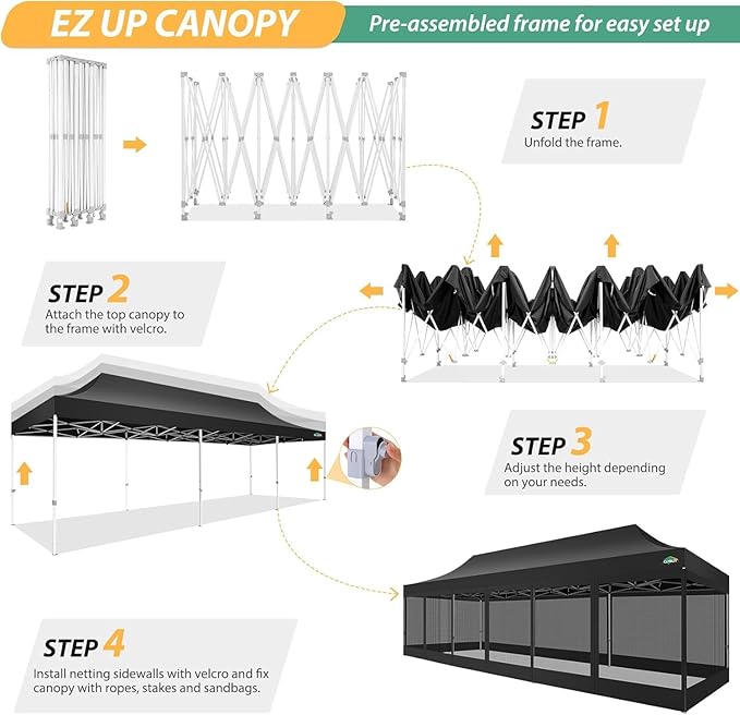 COBIZI 10x30 Pop Up Canopy with Sidewalls, Heavy Duty Canopy with Mosquito Netting, Easy up Screen Party Tents for Parties Backyard Outdoor Commercial Event Gazebo with Roller Bag, Sandbags, Black