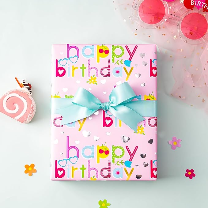 WRAPAHOLIC Girls Birthday Wrapping Paper Roll - 3 Short Rolls - 17 inch x 120 inch Per roll - Fantacy Pink and Purple Wrapping Paper for Kids Girls Birthday, Baby Shower