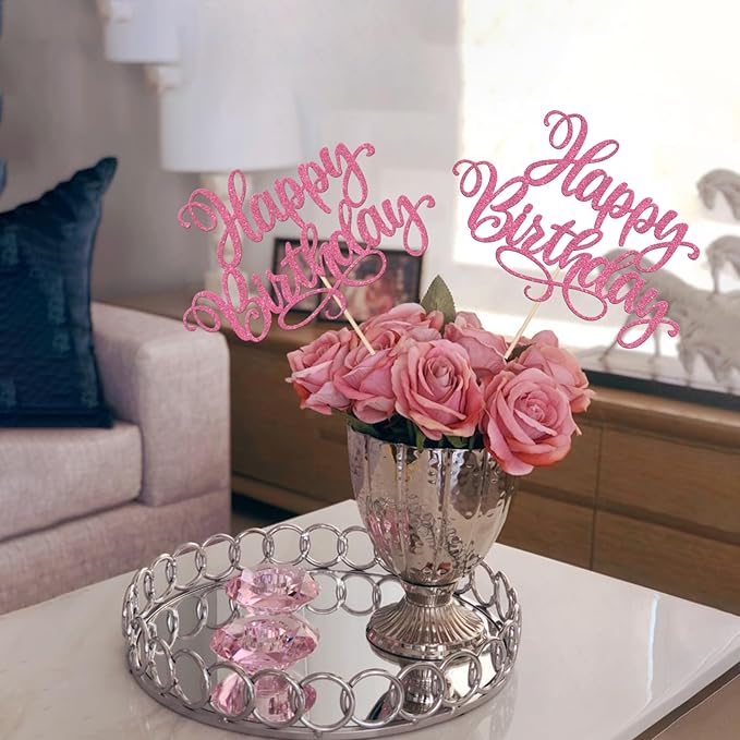 12 PCS Happy Birthday Centerpiece Sticks Double Sided Glitter Birthday Party Table Flower Centerpieces Anniversary Floral Decorations for Celebrating Birthday Party Centerpieces Supplies Pink