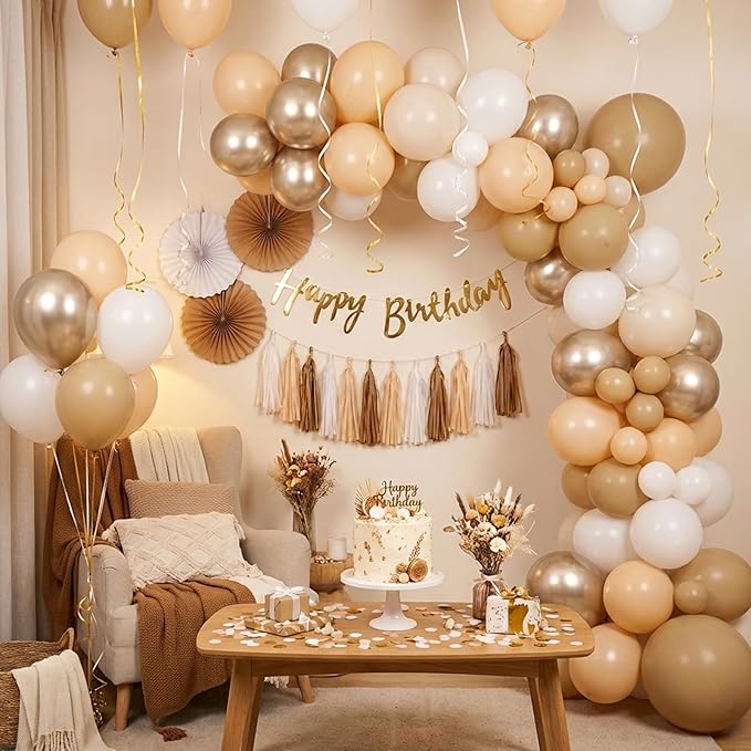 RUBFAC Beige and Champagne Balloons, 65pcs White and Brown Boho Gold Party Balloon for Neutral Birthday Bridal Baby Shower Wedding Party Decorations