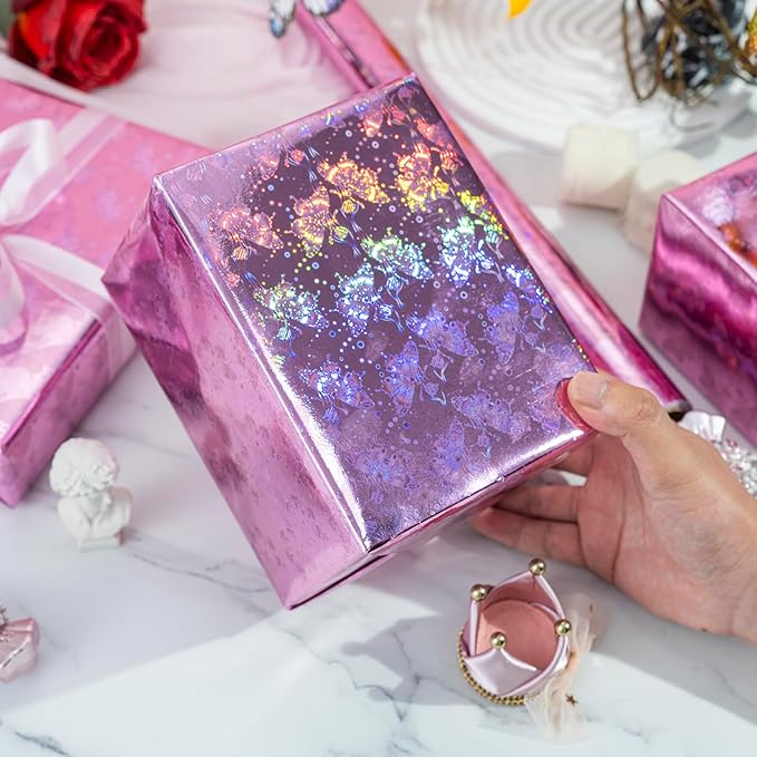 Burymento Pink Butterfly Wrapping Paper Roll, Metallic Holographic Butterfly Gift Wrap for Birthday, Valentines, Mothers day, Graduation, Wedding, Fathers day, Baby Shower, Christmas (17 IN x 32.8 FT)
