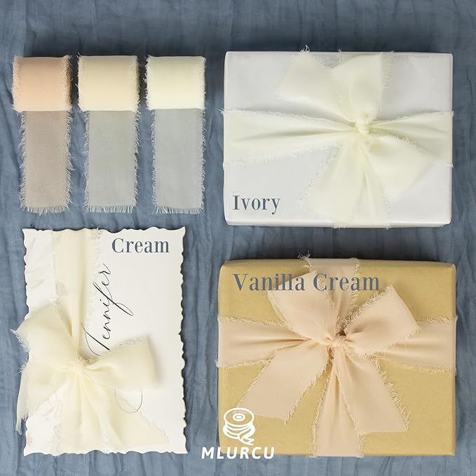 Ivory Chiffon Ribbon 1-1/2 Inch x 21Yards Handmade Fringe Chiffon Silk Ribbon Boho Frayed Ribbon Ivory Ribbon for Wedding Invitation, Bridal Flower Bouquets, Floral Arrangement, Gift Wrapping