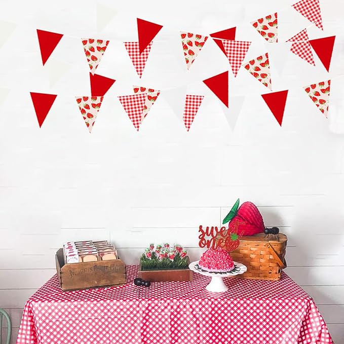 Zwiebeco 39Ft Red White Strawberry Fabric Bunting Banner Triangle Flags Party Decorations Hanging Cotton Garland Pennant for Engagement Wedding Baby Shower Birthday Home Outdoor Garden Party Decor