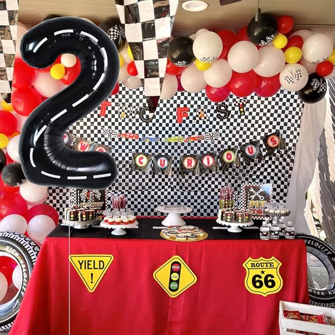 TONIFUL Race Car Black Balloons Car Birthday Party Supplies,40 Inch Giant Jumbo Helium Foil Mylar Big Number 2 Digital 2 Balloons for Boy's Birthday Party Truck Race Car Theme Party Decorations