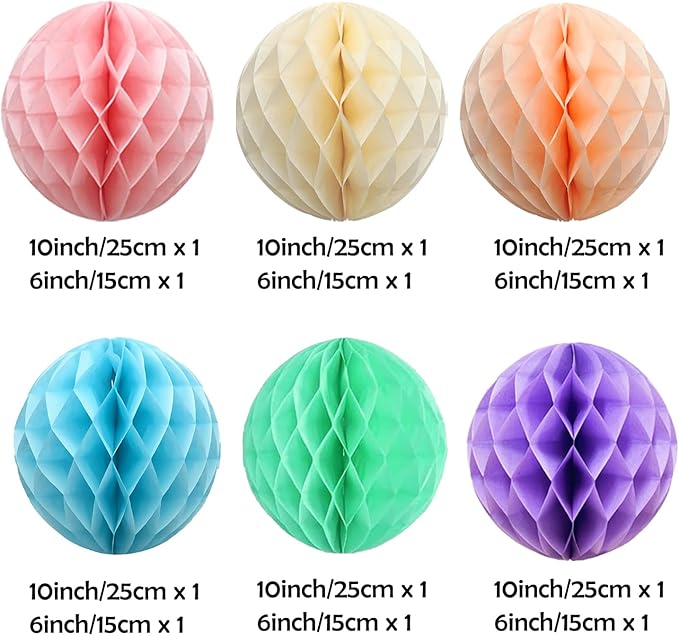 ZOOYOO 12Pcs 6" 10" Honeycomb Balls Decorations Hanging Tissue Paper Pom Poms for Birthday Party Wedding Baby Shower Easter Decorations(Pastel Rainbow)