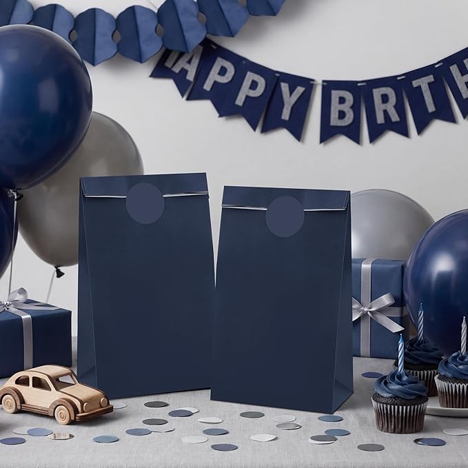 woric 36PCS Navy Blue Party Favor Bags with Stickers Small Kraft Graduation Gift Bags Self Stand Goodie Bag for Small Gifts, Retail, Merchandise, Graduation, Wedding, Kids Birthday Party Favor