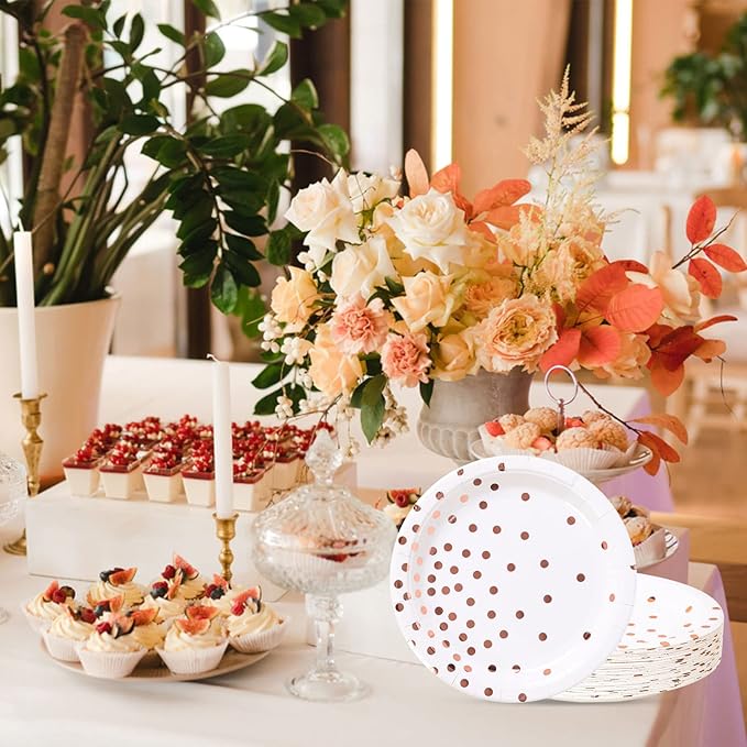 Rose Gold Paper Plates 100PCS,White and Rose Gold Dots Party Paper Plates,Disposable Dessert Plate Great for Birthday,Wedding,Bridal Showers,Cocktail Party,Anniversaries(7inch)