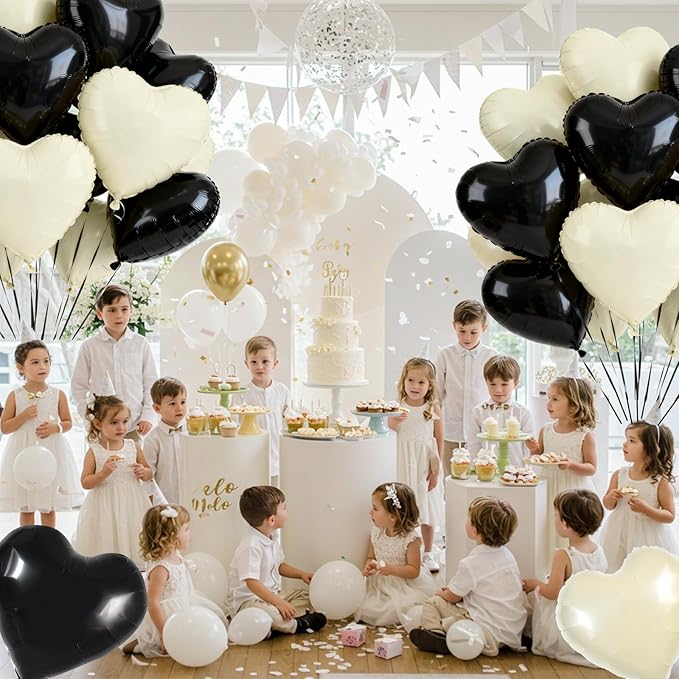 TONIFUL 30Pcs 18 Inch Black Cream White Balloons Black Cream White Heart Shape Foil Mylar Banners Decoration for Birthday Valentine's Day Wedding Bridal Shower Anniversary Engagement Party Supplies