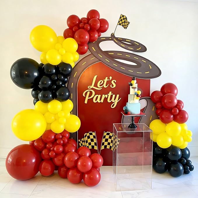 Race Car Balloon Garland Arch Kit 155Pcs Red Black Yellow Latex Balloons for Race Car 2 Fast Theme Birthday Party Decorations