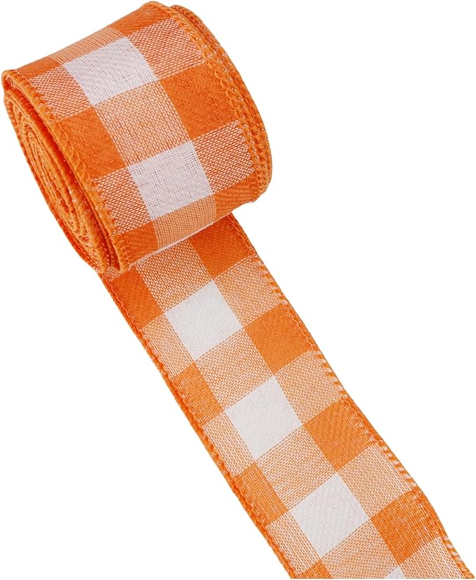 Meseey 1.5 Inch Fall Burlap Wired Ribbon Set, 2 Rolls Total 10 Yards Solid Orange & Orange White Buffalo Check Wired Edge Ribbon for Wreaths, Bows, Gift Wrapping, Thanksgiving & Halloween Decor