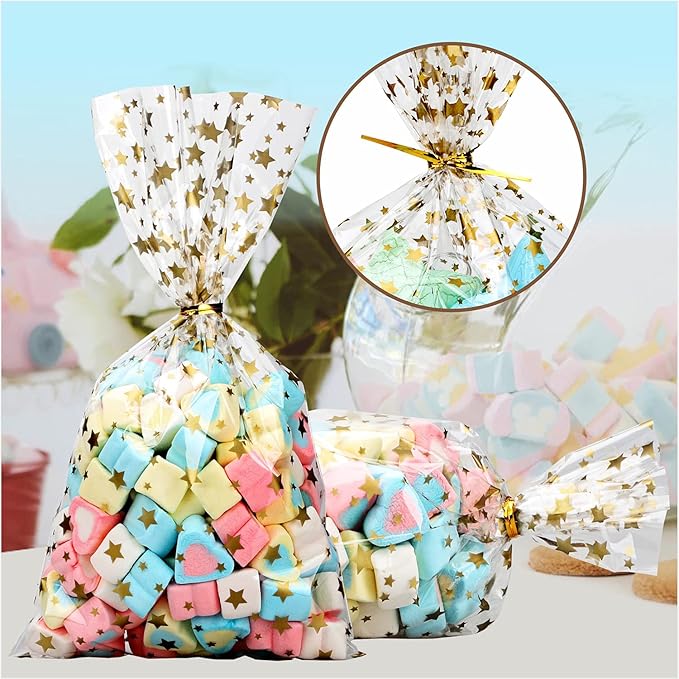 100 Pcs Cellophane Treat Bags,4 X 6 Inches Clear Cellophane Bags,100 Gold Twist Ties,for Cookies, Chocolate, Bakery, Party Favors, Gift Wrapping, Classroom Valentine Gifts