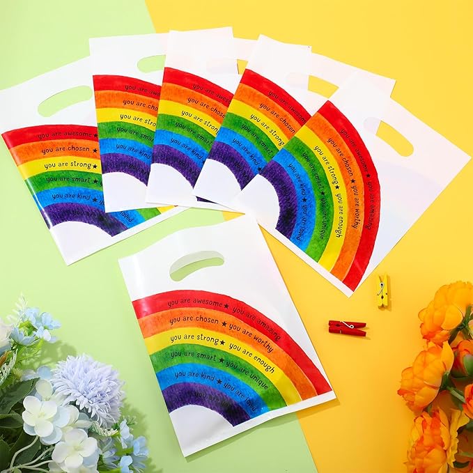 Coume 50 Sets Inspiration Quotes Treat Bags with Handles Small Plastic Party Favors Gifts Bags for Kids Students Birthday Party Gifts Favors (Rainbow Style)