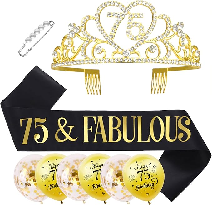 75th Birthday Tiara and Sash Kit - '75 & FABULOUS' Black Sash and Gold Rhinestone Crown for Women's 75th Birthday Party Supplies