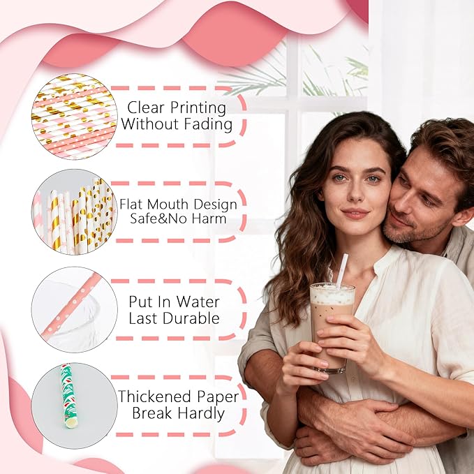 100 Pack Glitter Valentine's Day Paper Straws, Gold & Pink Disposable Drinking Straws for Valentine's Day,Christmas, Holiday Celebrations, Bridal Shower, Wedding Birthday Party Supplies