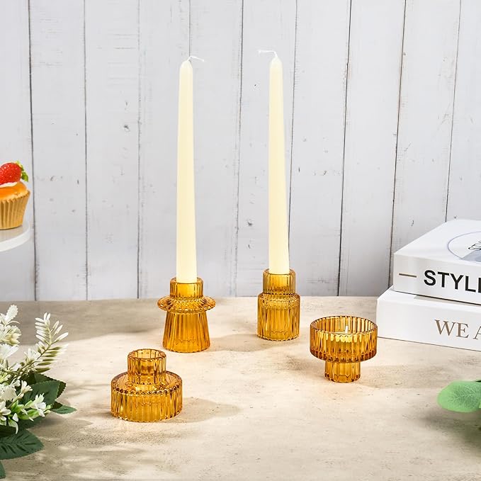 Taper Votive Candle Holder for Pillar Candles Tealight, Candlestick Holder for Wedding Christmas Tea Party, Boho Ribbed Vintage Crystal Glass Table Centerpiece Decor, Bulk Set of 6 (Amber)