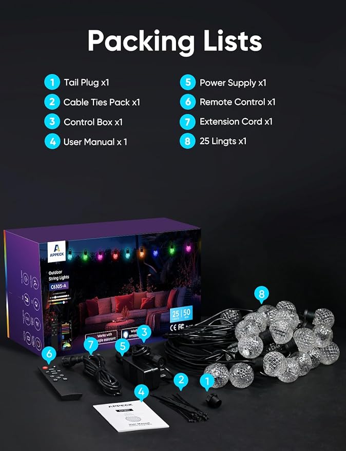 APPECK Outdoor String Lights 50ft, RGBW Color Changing Patio Lights with 25 Dimmable LED Bulbs, 111 Scene Modes, IP65 Waterproof Lighting for Outside, Party, Backyard, Pool, Compatible with Alexa