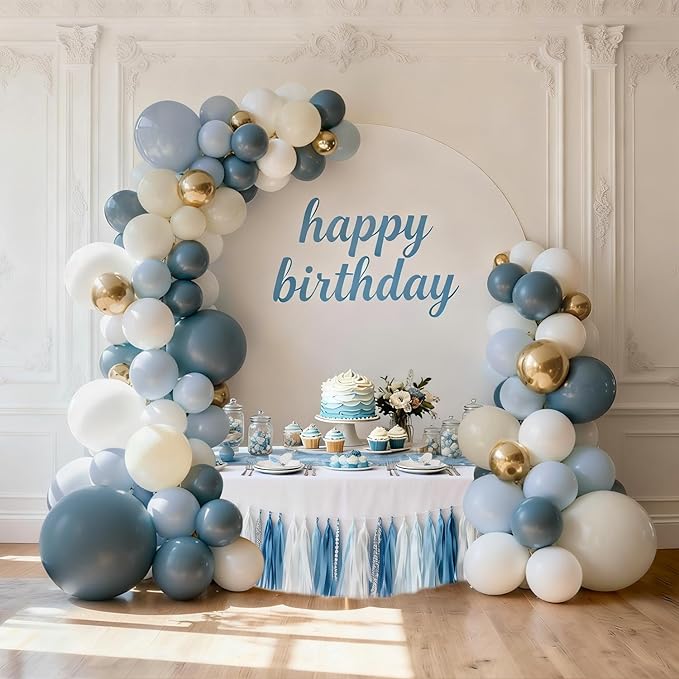 Dusty Blue White Gold Balloon Arch Kit, Blue and White Balloons with Light Dusty Blue White Beige Chrome Gold Balloons Garland Kit for Gender Reveal Bridal Shower Wedding Birthday Party Decorations