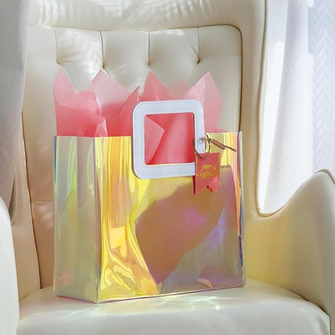 11'' Holographic Medium Birthday Gift Bag with Tissue Paper and Happy Birthday Gift Tag for Women Girls Mother (M- Glossy Coral)