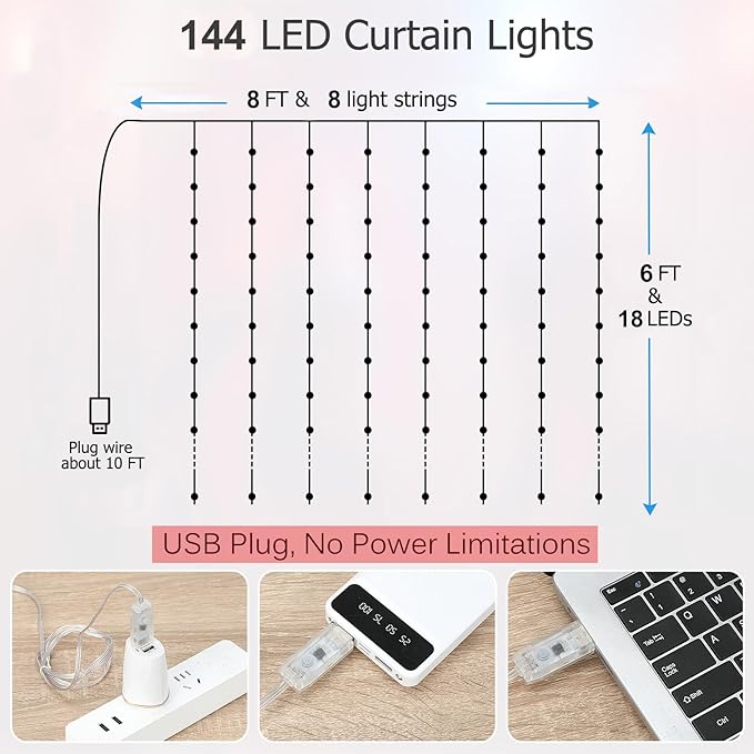 LED Curtain Lights, 8ft x 6ft 144 LED RGB Color Changing String Fairy Lights Curtain with Smart APP Control, Music &Voice Sync for Bedroom Backdrop Wall Indoor Outdoor Christmas Decorations