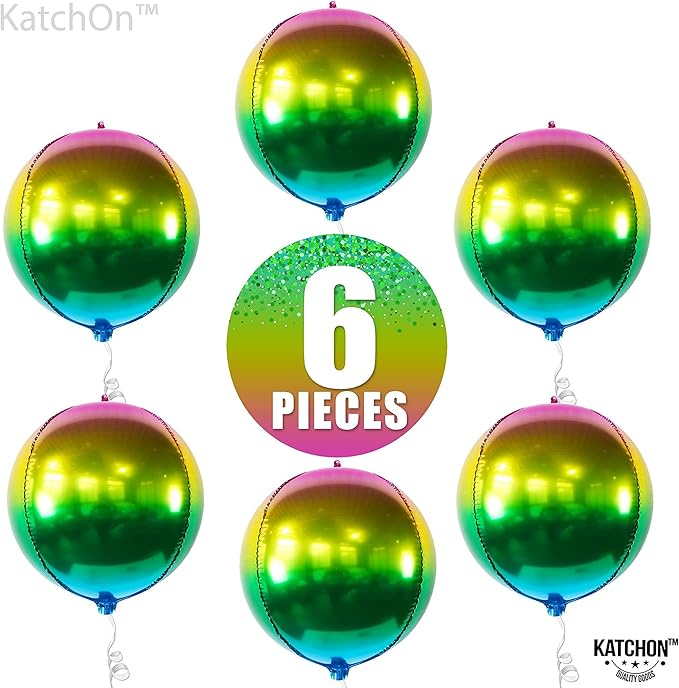 KatchOn, Metallic Ombre Balloons 22 Inch - Pack of 6 | Round 360 Degree 4D Rainbow Balloons | Gradient Rainbow Balloon for Mardi Gras Decorations | Tie Dye Balloons for Mardi Gras Birthday Decorations