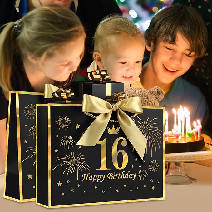 JMANNI Black Gold 16th Birthday Gift Bag with Card and Tissue Paper, 12.6"×9.84"×3.9" Elegant Present Bag for Teens, 16 Year Old Birthday Keepsake Party Supplies