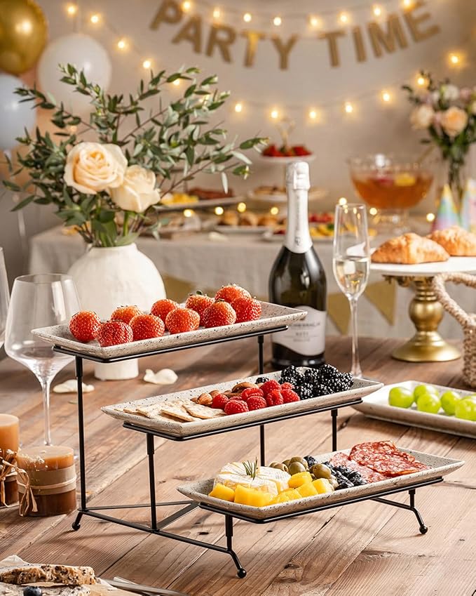 LAUCHUH 3 Tier Serving Tray, Porcelain Serving Platters and Trays for Party 12 Inch Tiered Tray Stand Cupcake Stand with Collapsible Sturdier Rack for Father's Day Serving Food, Speckled Glaze