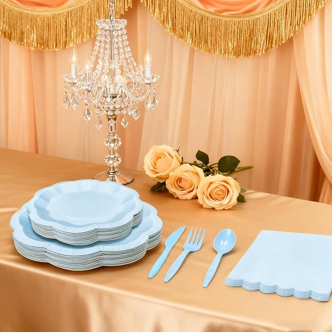 168 Pcs Pastel Blue Party Supplies Serves 24 Disposable Plates and Napkins with Full Plastic Utensils, Light Blue Tableware Set for Baby boy Shower, Birthday, Garden Events