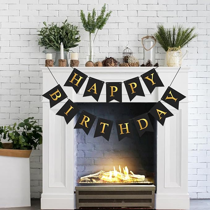 Happy Birthday Banner Birthday Party Banner NO DIY Happy Birthday Sign Pre-Strung Birthday Hanging Decoration for Women Men Girl Boy Party Supplies (Black and Gold)