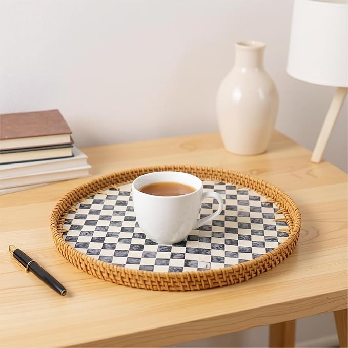13.8” Round Rattan Tray with Mother of Pearl Inlay, Handwoven Wicker Coffee Table Serving Basket Tray for Fruit Snack Party Picnic Cafe Bedroom Kitchen Home Decor 1 Pcs (Chessboard)